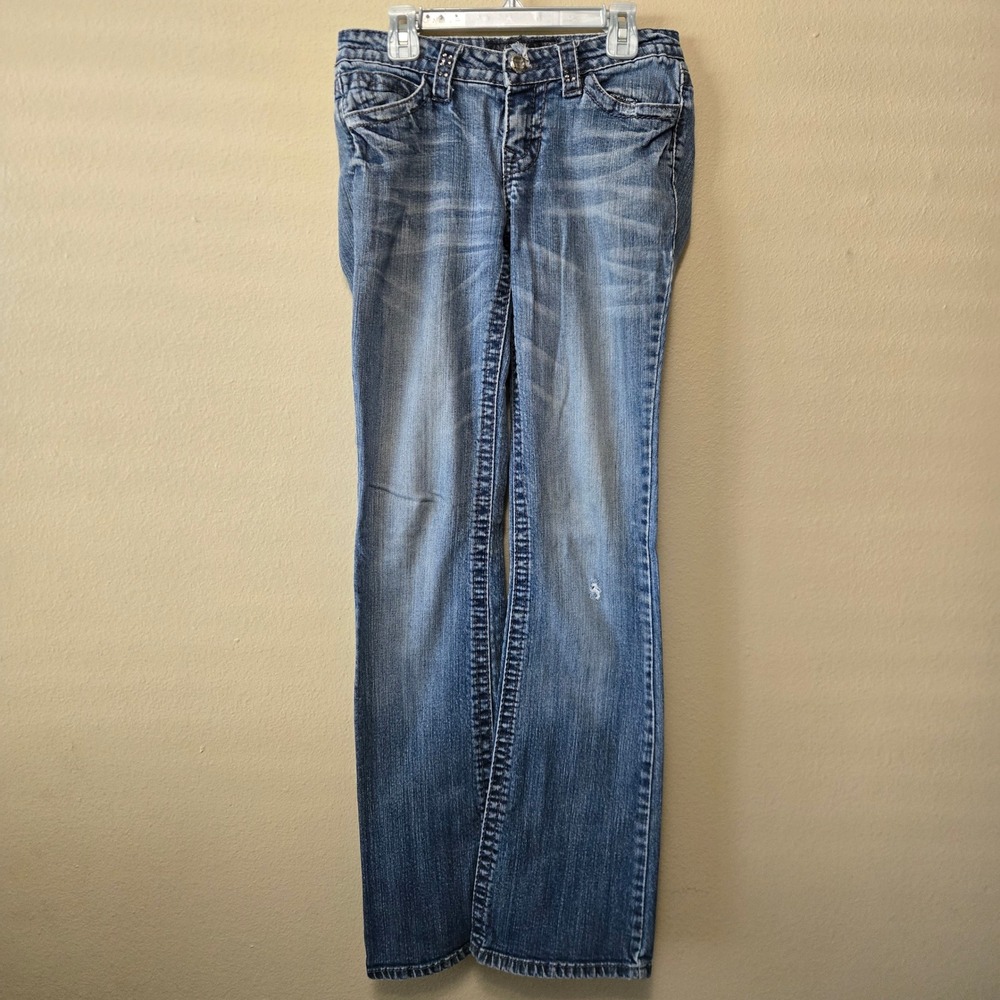 Cello Jeans Women 3 Blue Distressed Bootcut Fleur De Lis Rhinestone Y2K Low-Rise